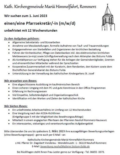 Stellenausschreibung Pfarrbüro Rommerz